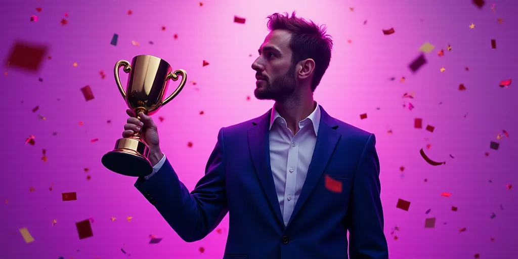a man holding a trophy in his right hand and a purple background behind him with confetti all around