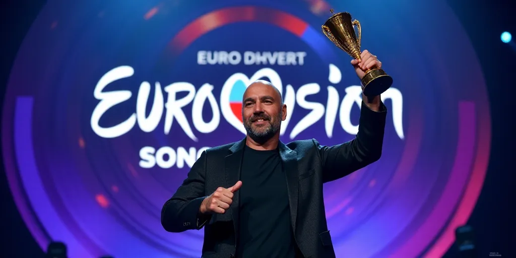 a man holding a trophy on a stage with a sign behind him that says euro division song contest base 5