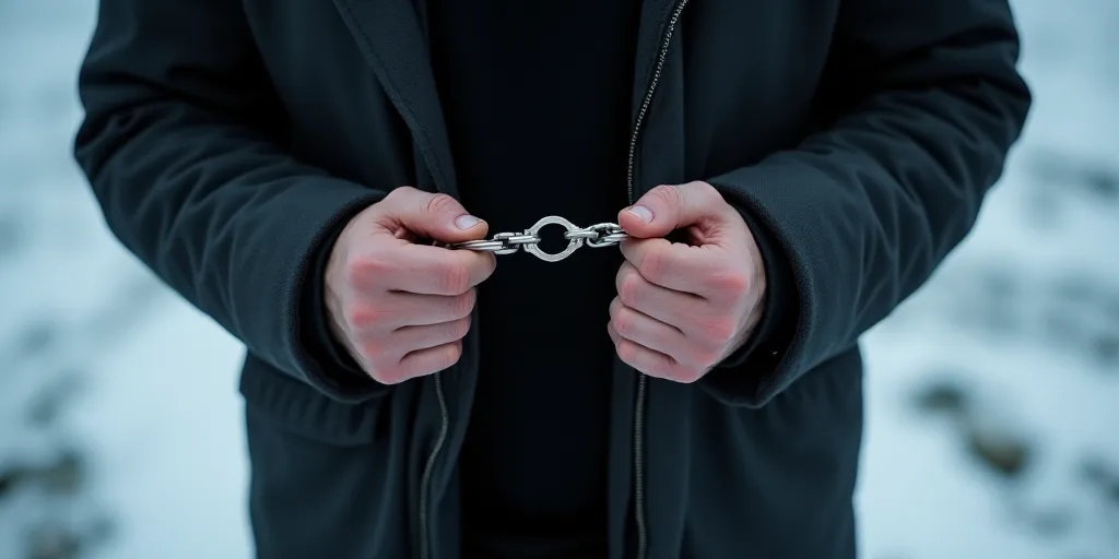 a man holding his hands in handcuffs with both hands on his chest and the other hand on his chest, D
