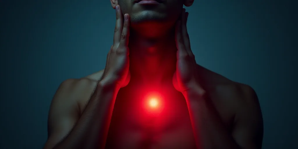a man holding his neck in pain with a red light coming from his chest and a red spot on his chest, D