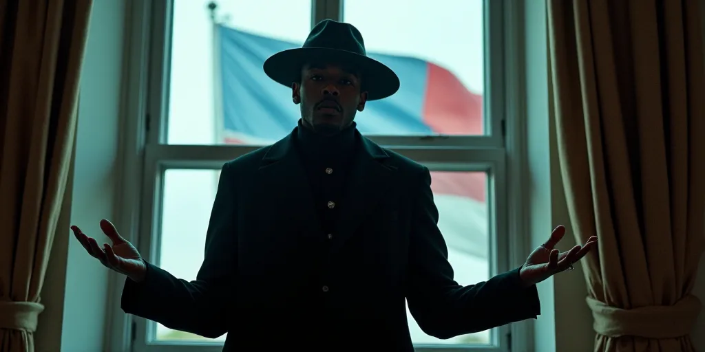 a man in a black jacket and hat standing in front of a window with his hands out and a flag in the b