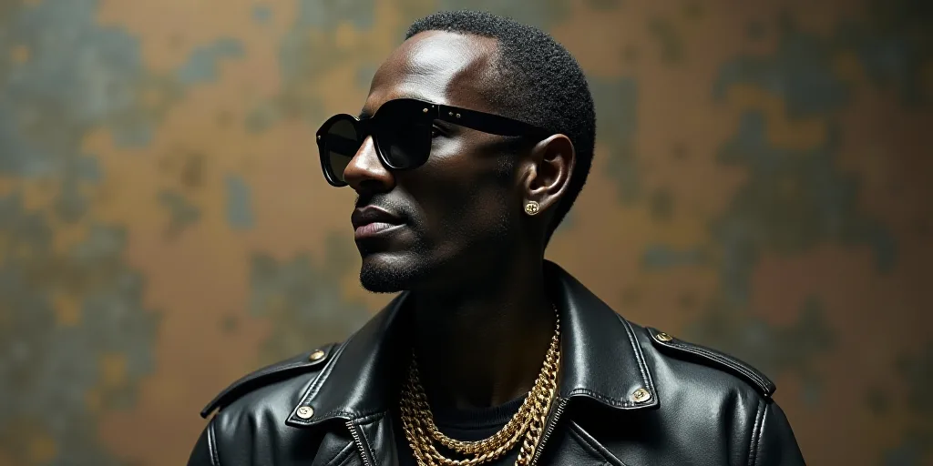 a man in a black jacket and sunglasses with a gold chain around his neck and a black jacket on, Beep