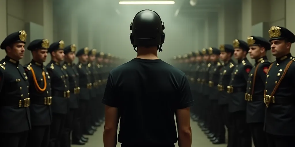 a man in a black shirt and a helmet is standing in front of a group of men in uniform, Edward Otho C