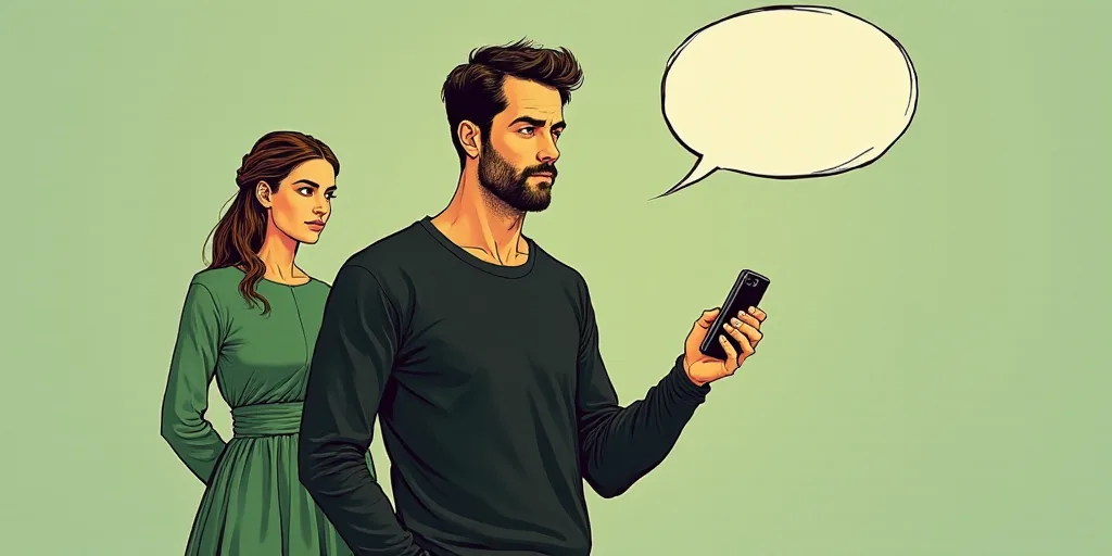 a man in a black shirt holding a smart phone with a woman in a green dress behind him and a speech b