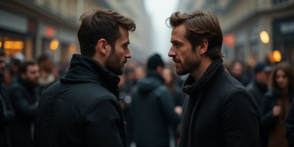 a man in a black sweater and a man in a black sweater are talking to each other in front of a crowd,