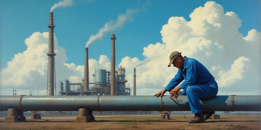 a man in a blue coverall working on a pipe in a factory area with a sky background and clouds, Andri