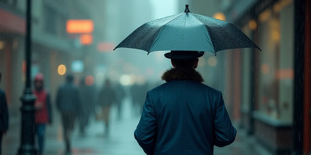 a man in a blue jacket and hat walking in the rain with an umbrella over his head and a white hat on