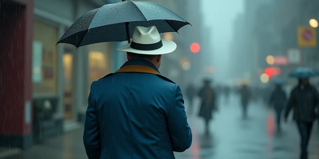 a man in a blue jacket and hat walking in the rain with an umbrella over his head and a white hat on