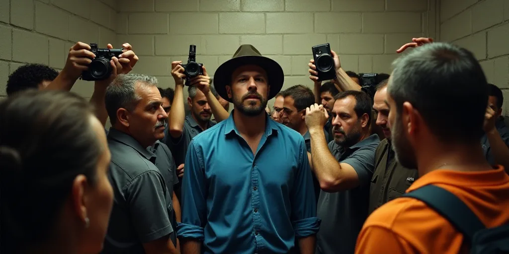 a man in a blue shirt and hat surrounded by people and cameras taking pictures of him in a jail cell