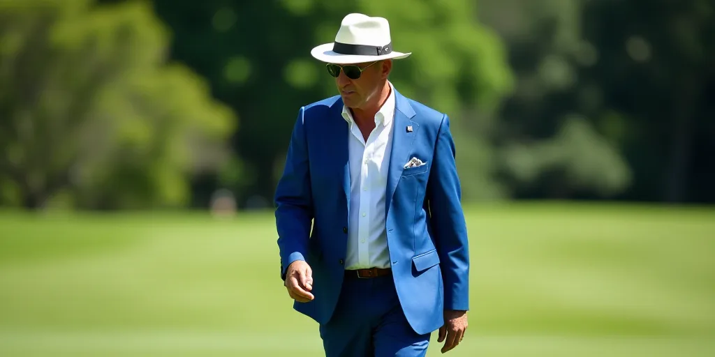 a man in a blue suit and hat walking in the grass with a white hat on his head and a blue blazer, Do
