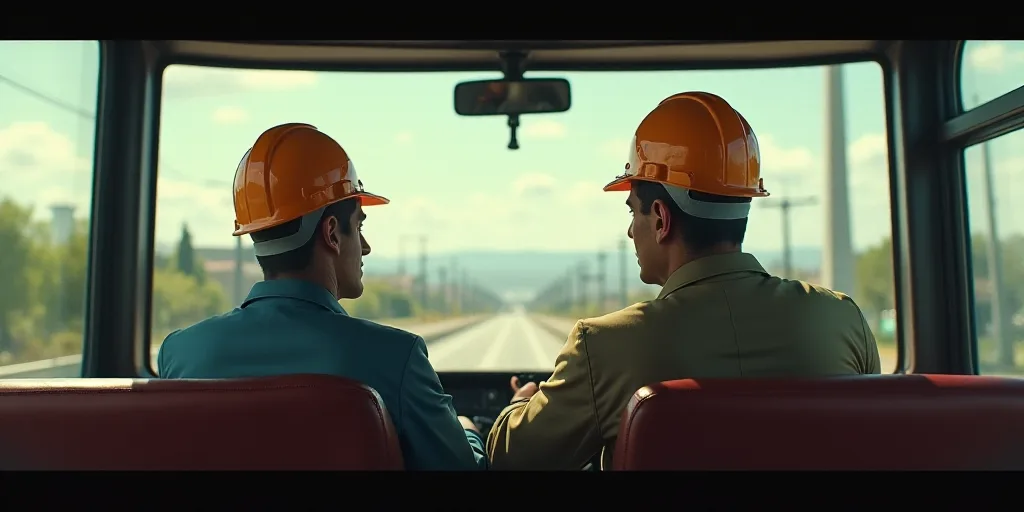 a man in a construction helmet is sitting in a bus and another man is standing next to him and looki