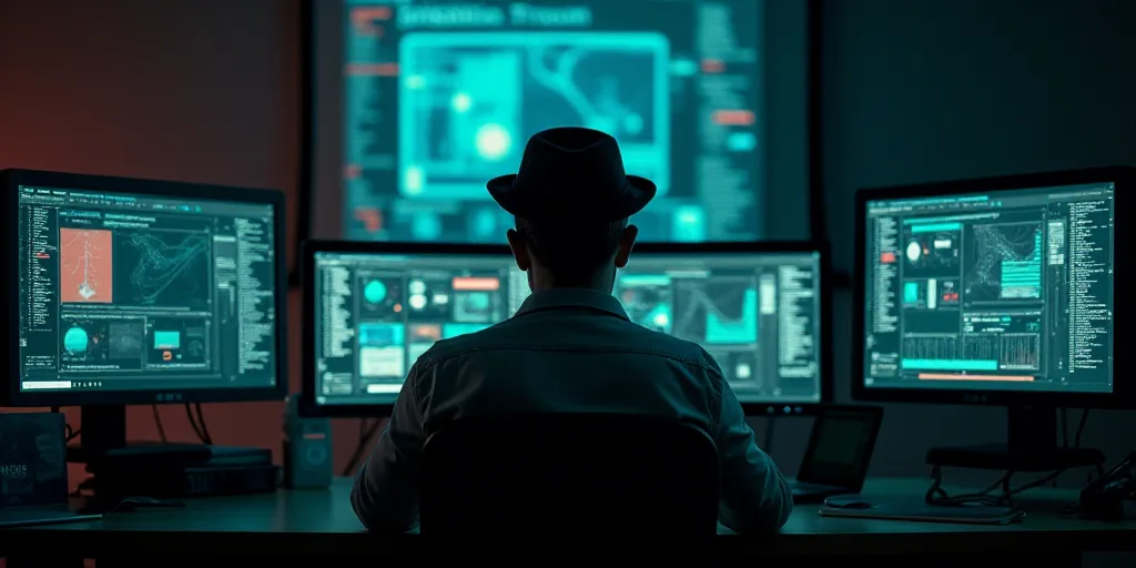 a man in a dark room looking at computer screens and monitors with a man in a hat on his head, Andri