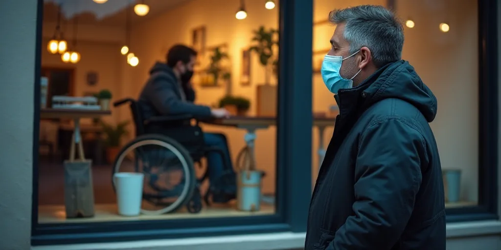 a man in a face mask is standing in front of a store window with a man in a wheelchair, Aquirax Uno,