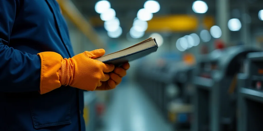 a man in a factory with a pair of safety gloves on his hands and a book in his hand, Andries Stock,