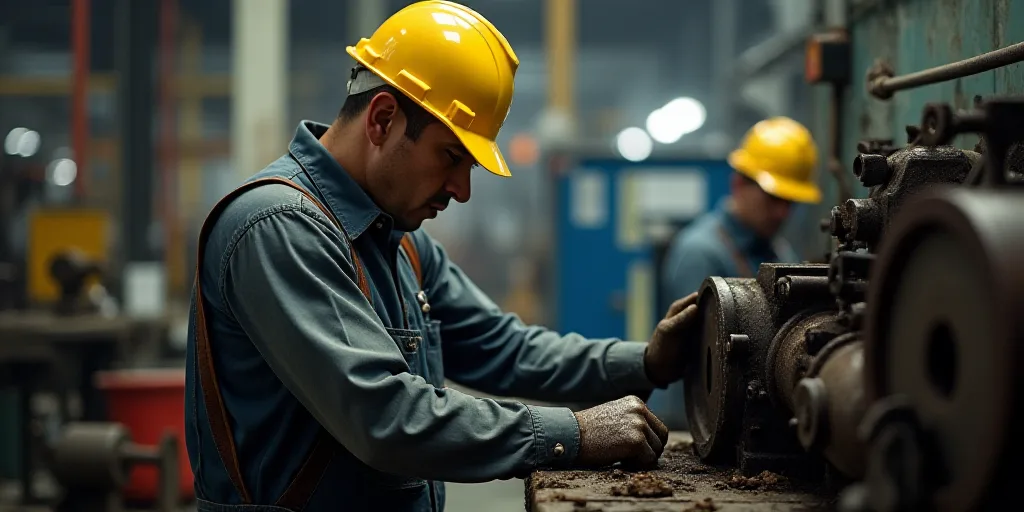 a man in a hard hat and overalls working on a machine in a factory area with other machinery, Andrie