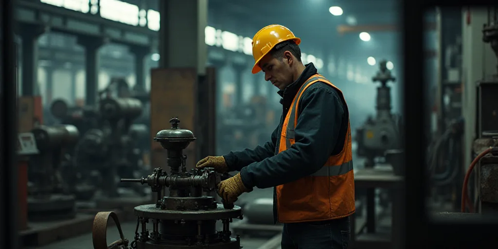 a man in a hard hat and safety gear working on a machine in a factory area with other machinery, Con