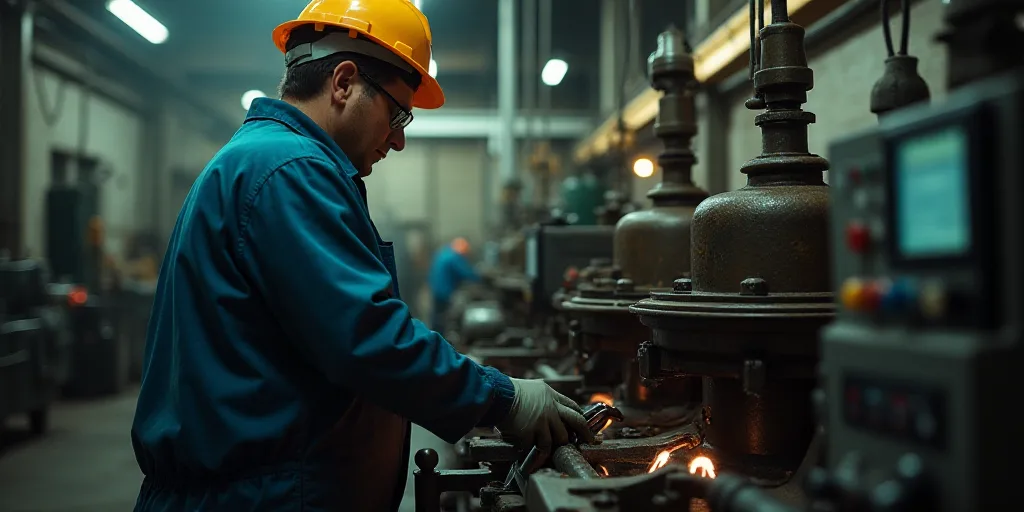a man in a hard hat and safety gear working on a machine in a factory area with other machinery, Con