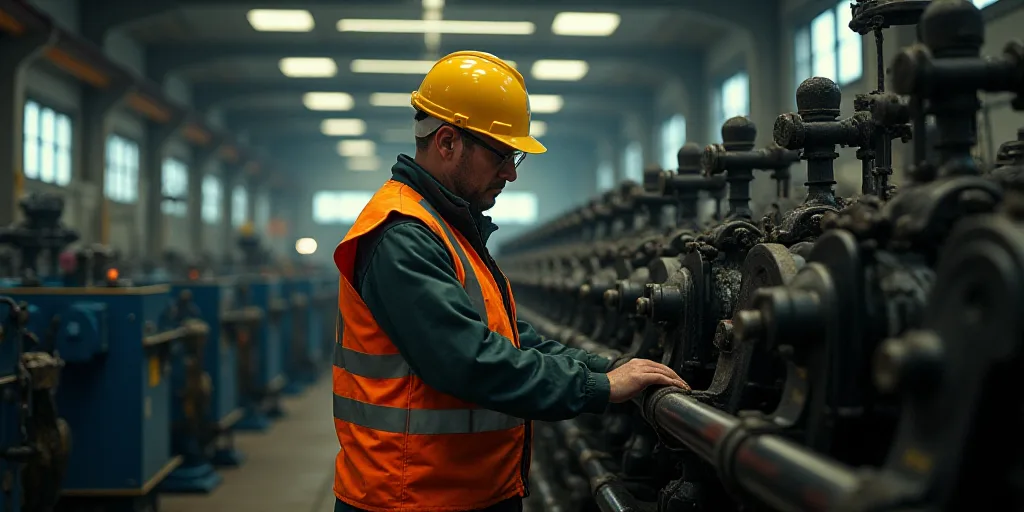 a man in a hard hat and safety gear working on a machine in a factory area with other machinery, Con
