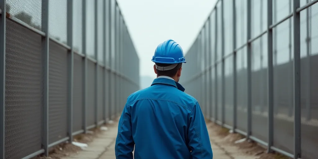 a man in a hard hat walks on a construction site with a blue helmet on his head and a blue jacket on