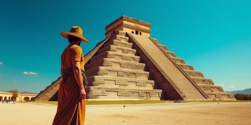 a man in a hat standing in front of a pyramid in mexico with a blue sky in the background, Alex Grey