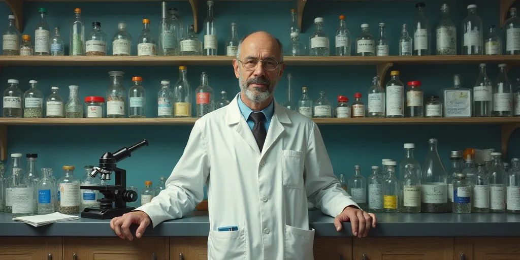 a man in a lab coat standing in front of a counter with lots of bottles and a microscope on it, Arth