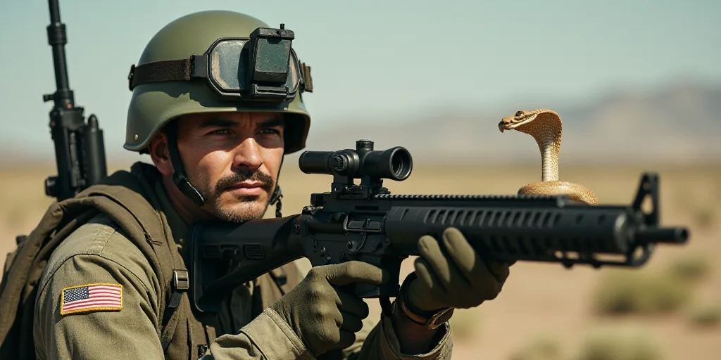 a man in a military uniform holding a gun and binoculars with a helmet on his head and a rifle in hi