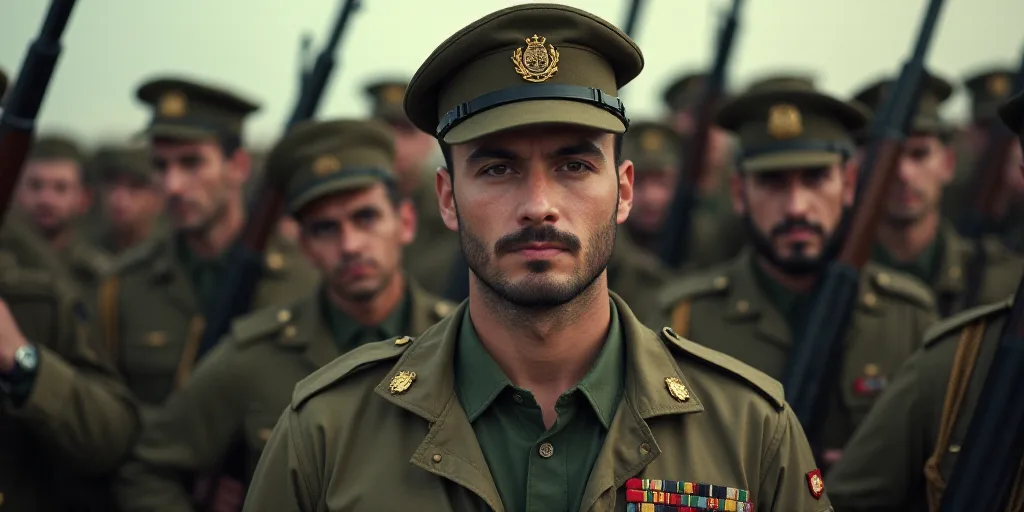 a man in a military uniform is surrounded by other men in uniform and holding rifles and looking at