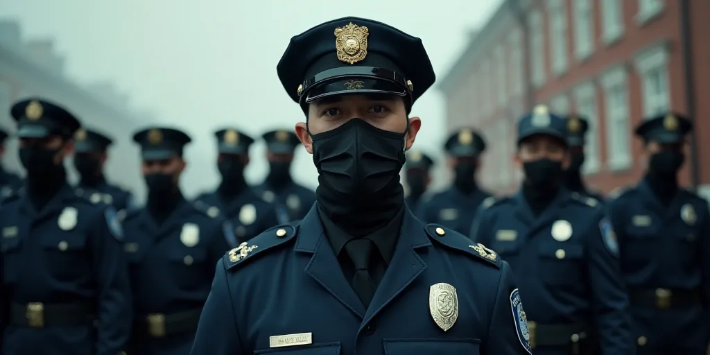 a man in a police uniform wearing a face mask and standing in front of a group of people in uniform,
