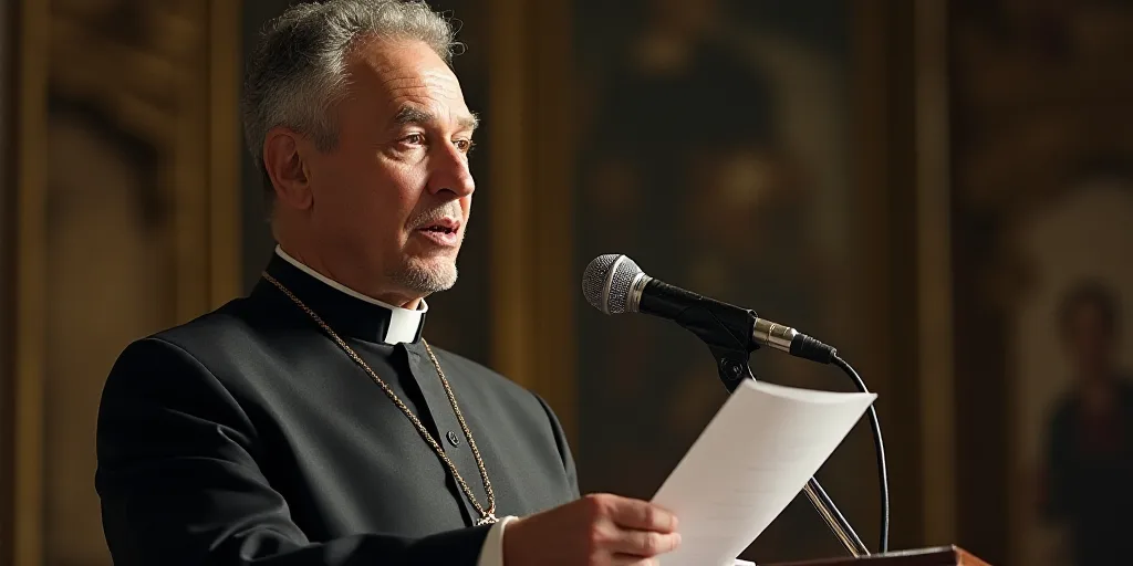 a man in a priest's outfit holding a paper and a microphone in front of a microphone stand, Candido
