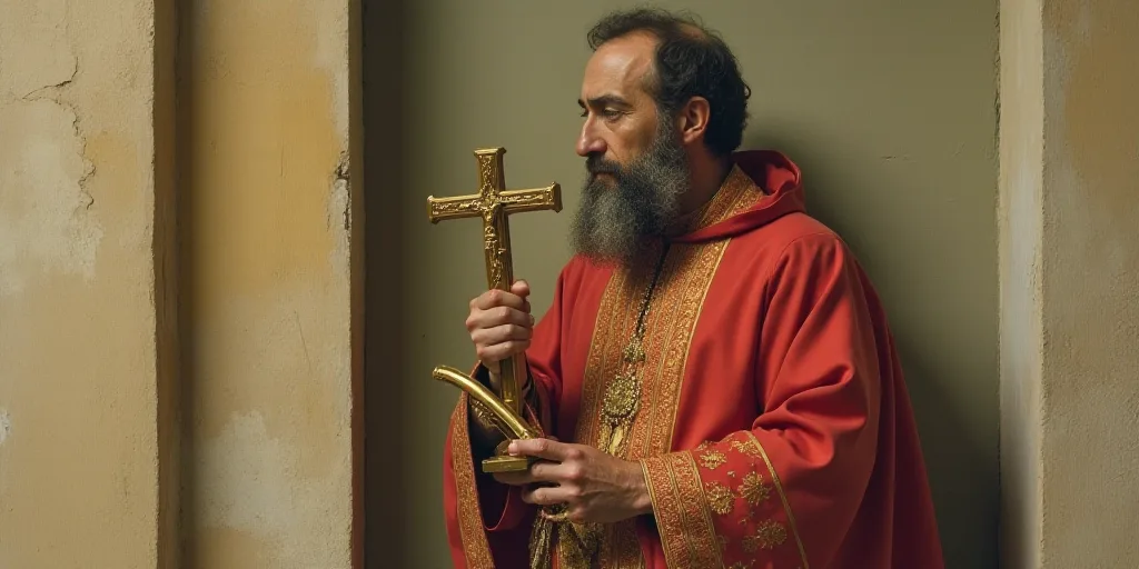 a man in a priest's outfit holding a cross and a golden object in his hand in front of a wall, Berni