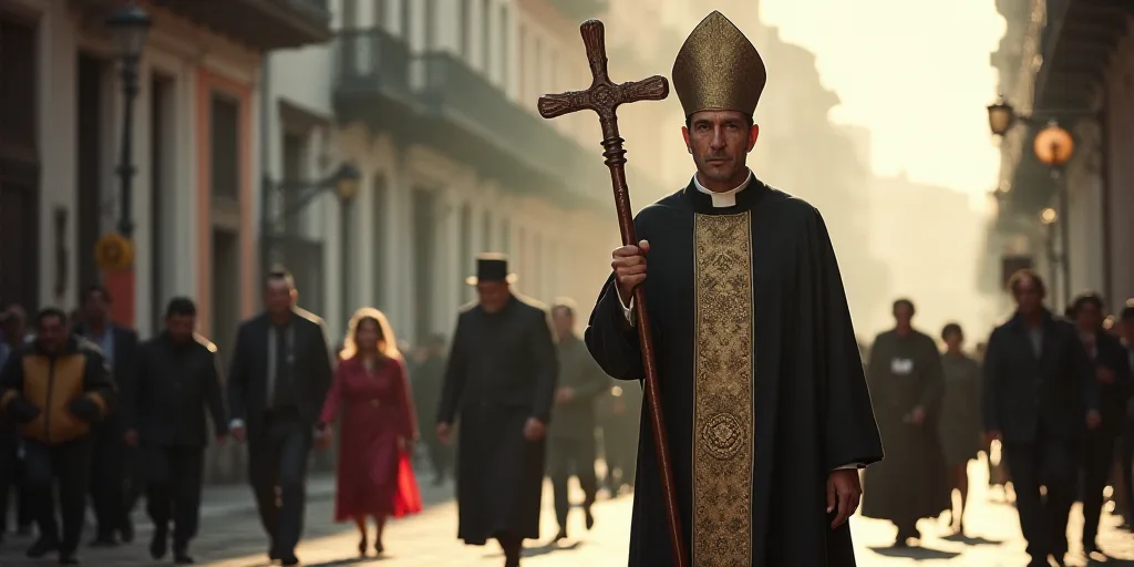 a man in a priest's outfit holding a cross and a stick in his hand while others walk by, Carlos Fran