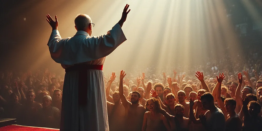 a man in a priest's outfit waves to the crowd from a stage with his hands up in the air, Bernie D’