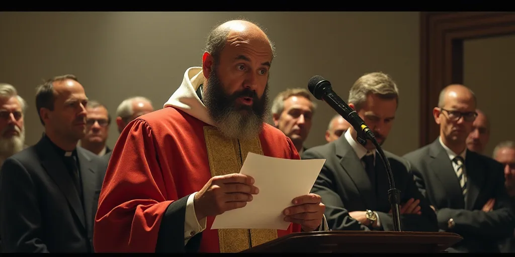 a man in a priest's robes holding a paper and a microphone in front of him and other men in the back