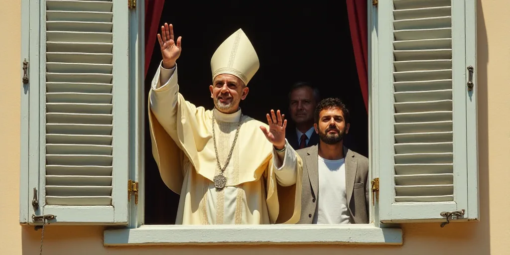 a man in a priest's robes waves from a window with his hands up in the air while two men stand behin