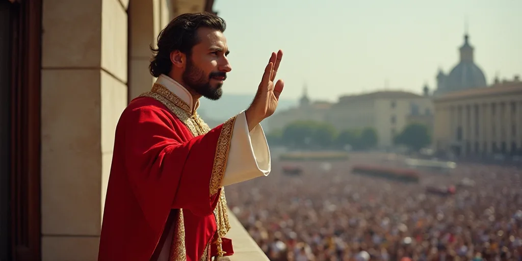a man in a red and white outfit waves to the crowd from a balcony of a building with a gold ring on