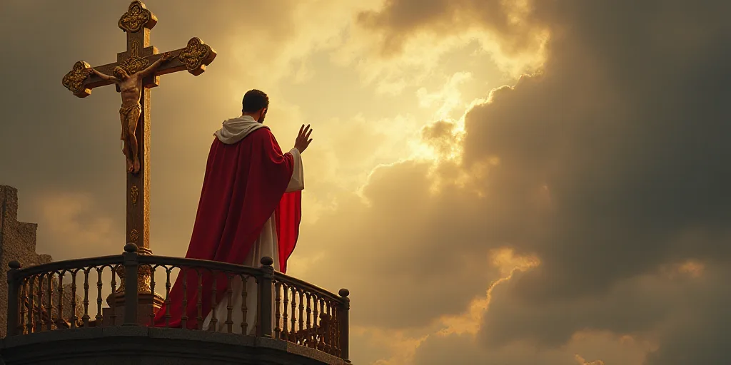 a man in a red and white outfit standing at a cross on a balcony with a gold cross on it, Dionisius,