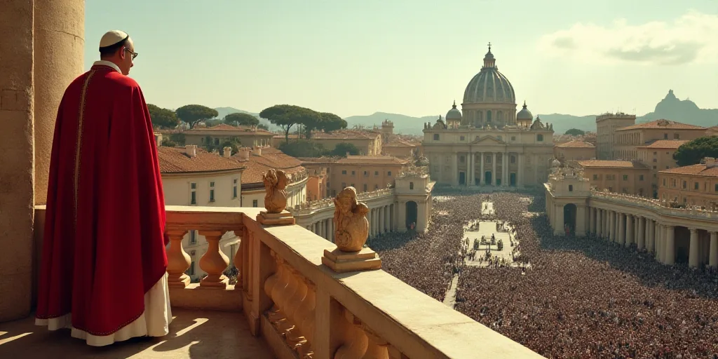 a man in a red and white robe is standing on a balcony overlooking a crowd of people in a city, Cagn