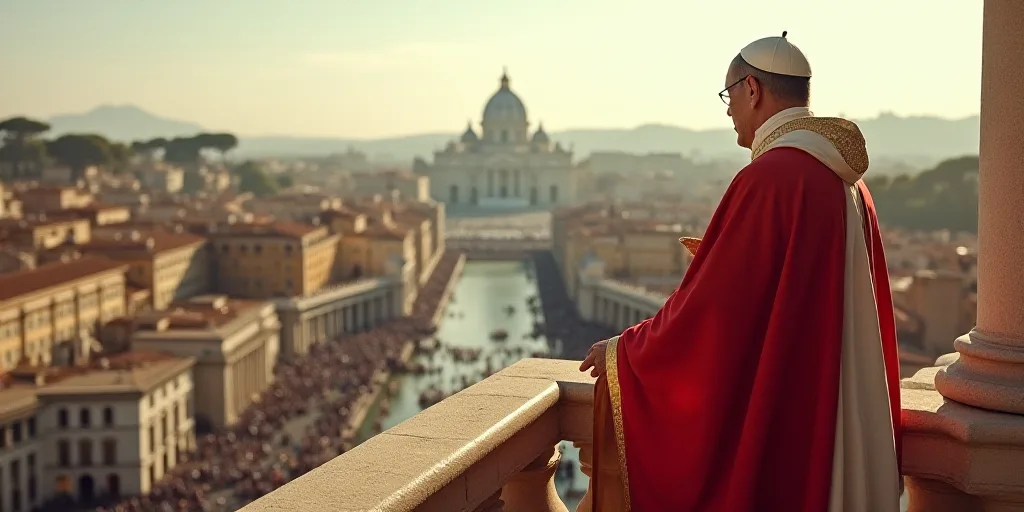 a man in a red and white robe is standing on a balcony overlooking a crowd of people in a city, Cagn