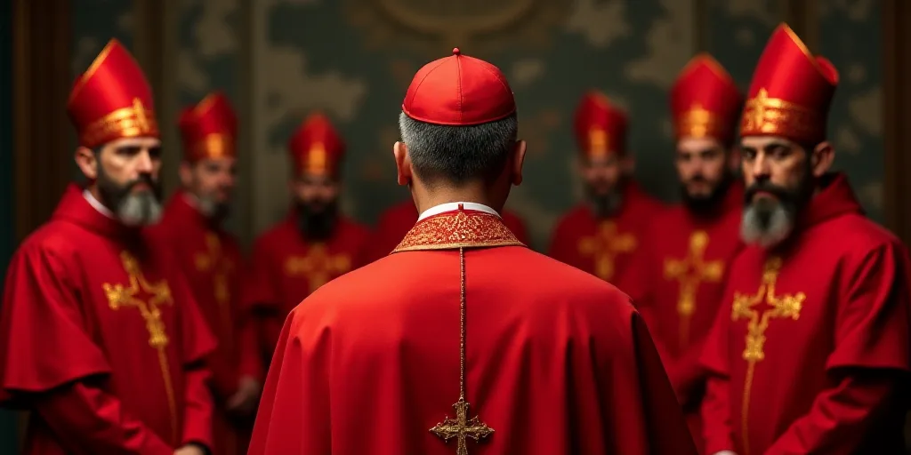 a man in a red clergy robe standing in front of a group of red robes and red hats with gold crosses,