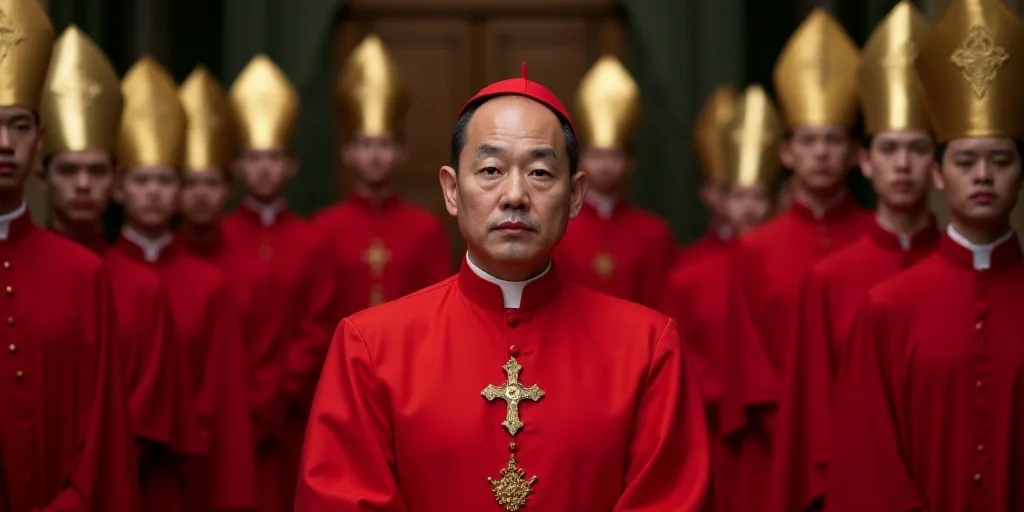 a man in a red clergy robe standing in front of a group of red robes and red hats with gold crosses,