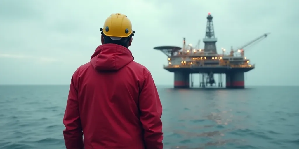 a man in a red jacket and a red helmet standing in front of a drilling rig in the ocean, Dahlov Ipca
