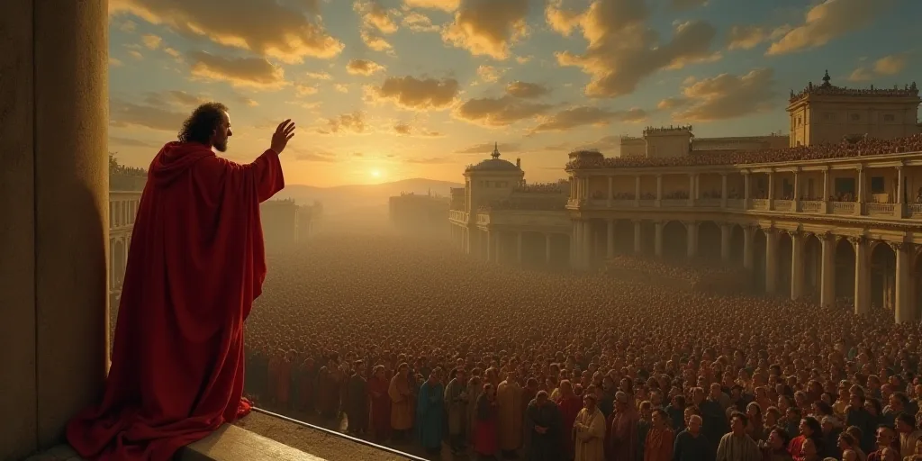 a man in a red robe is standing on a balcony with his hands up in the air and a crowd of people in t