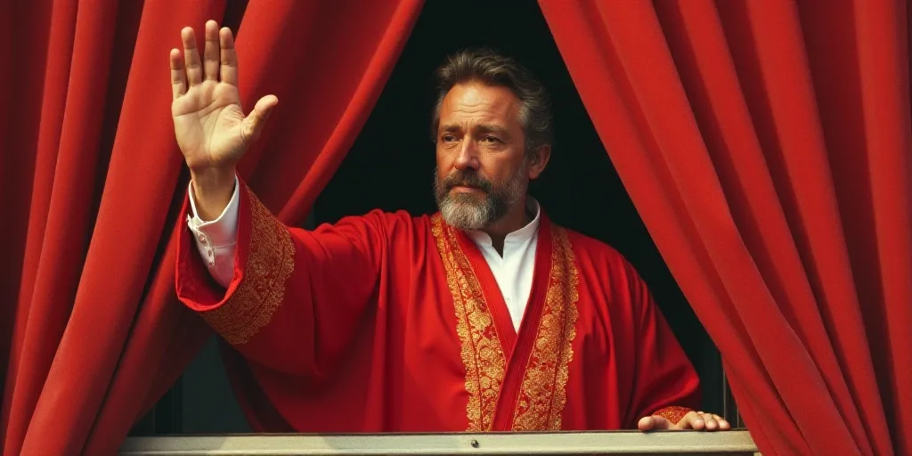 a man in a red robe waves from a window with a red curtain behind him and a red curtain behind him,