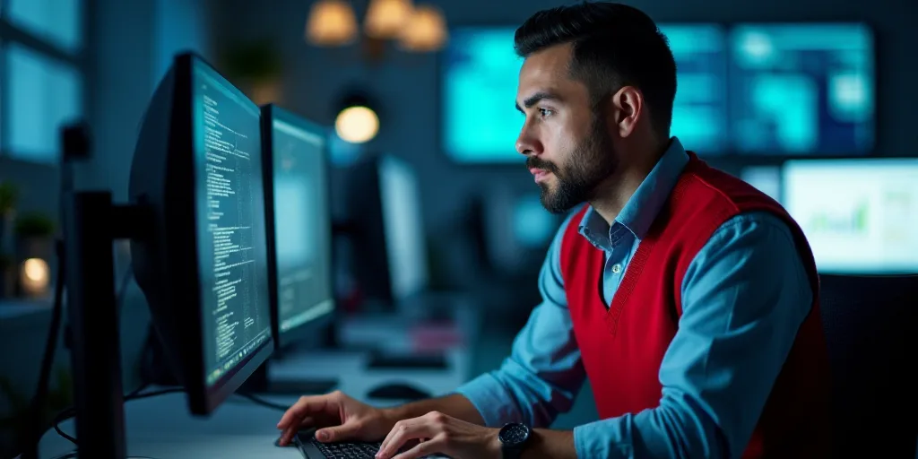a man in a red vest is looking at a computer screen with a man in a red vest is looking at a monitor
