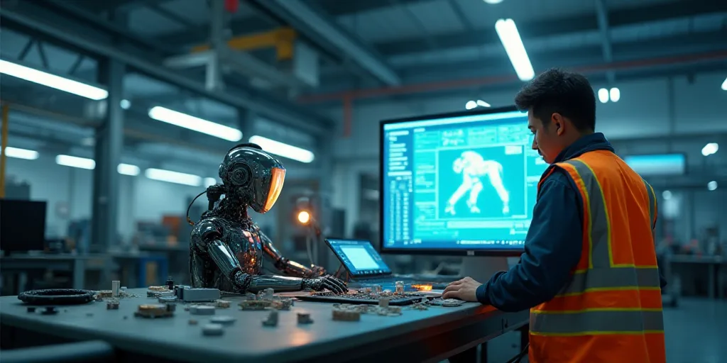 a man in a safety vest working on a project in a factory with a large screen in the background, Ai-M