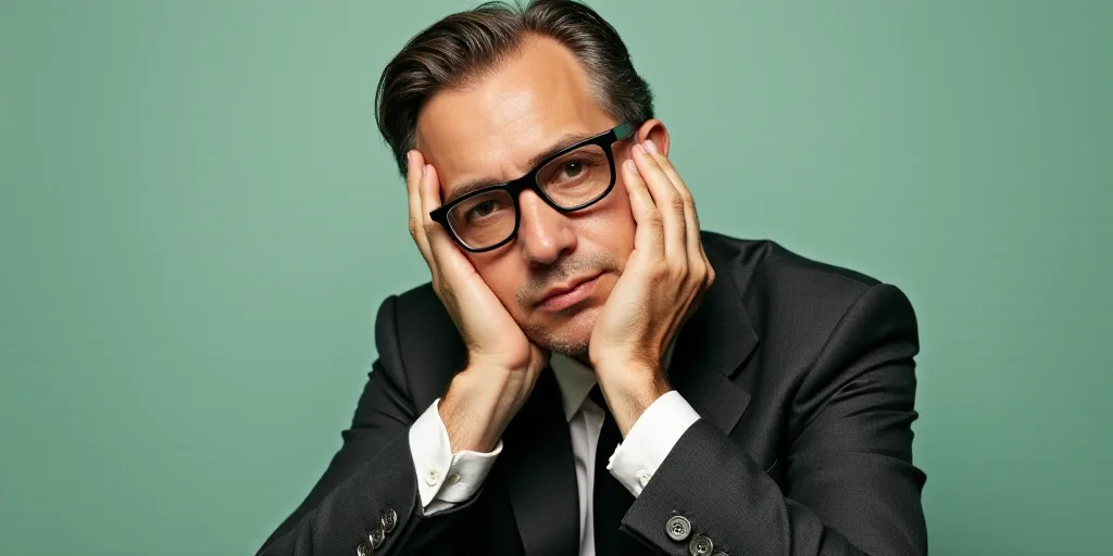 a man in a suit and glasses is posing for a picture with his hands on his chins and his chin resting