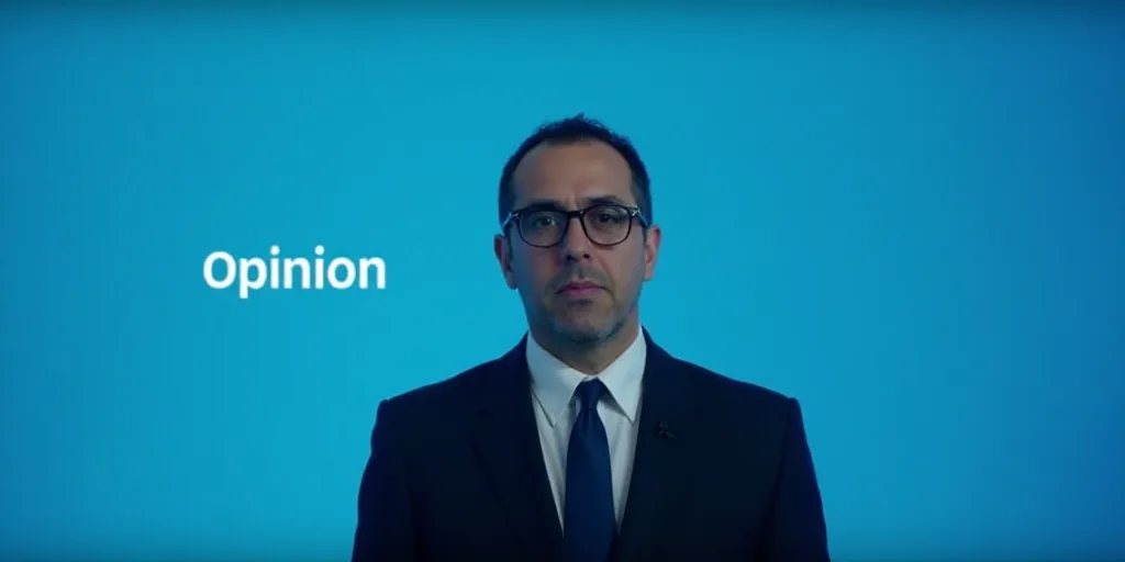a man in a suit and glasses is shown in a blue background with the words opinion written on it, Estu