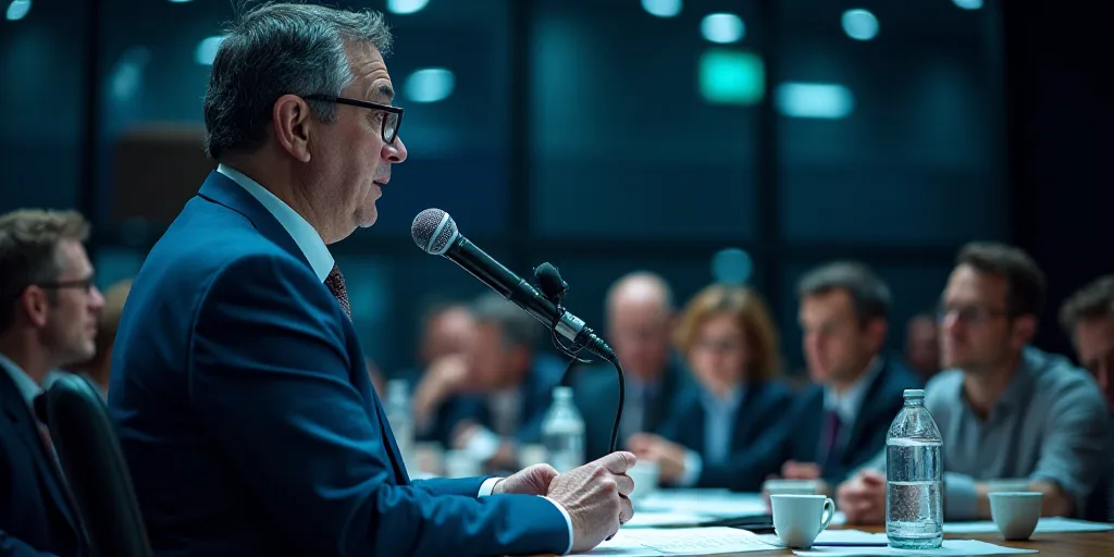 a man in a suit and glasses speaking into a microphone in front of a group of people sitting at a ta