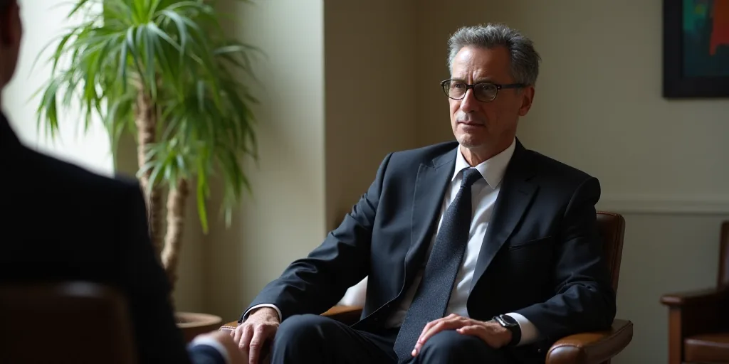 a man in a suit and glasses talking to someone in a chair with a plant in the background and a paint
