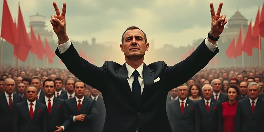 a man in a suit and tie is holding up a peace sign in front of a crowd of people, Cristache Gheorghi